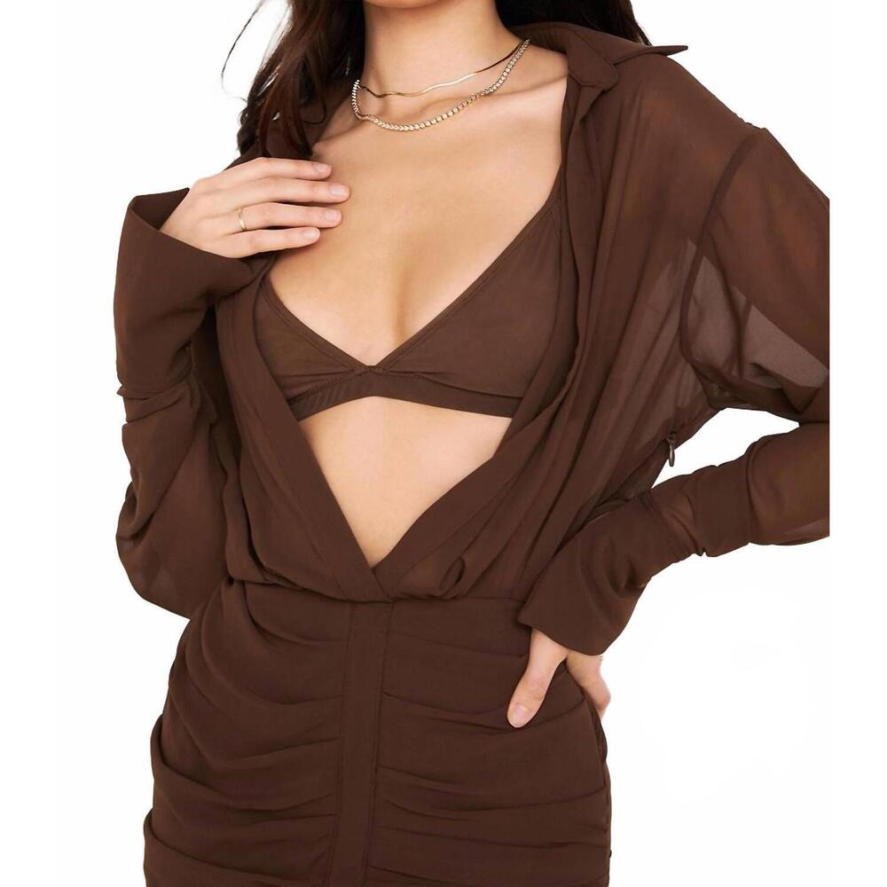 NEW HOUSE OF CB deep v-neck puff skirt mini dress in brown - Picture 5 of 5